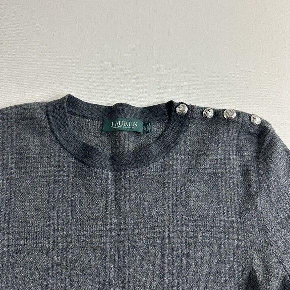 Lauren Ralph Lauren Knit Sweater Women Size‎ XL 100% Wool Plaid Gray Crewneck - Picture 3 of 9